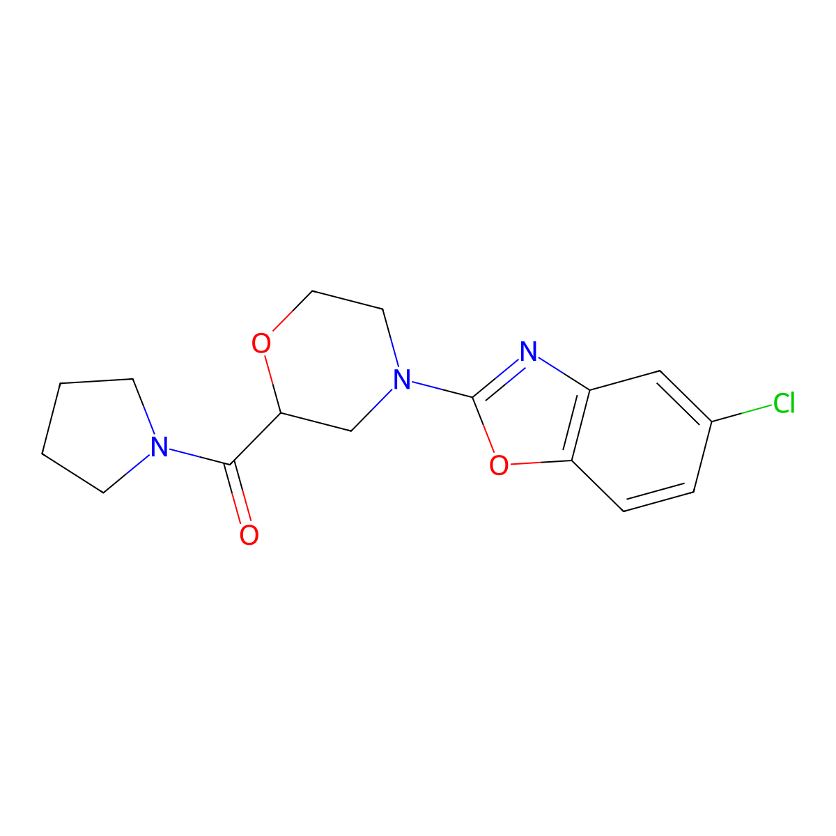 5-Chloro-2-[2-(pyrrolidine-1-carbonyl)morpholin-4-yl]-1,3-benzoxazole molecular structure, CAS 2640966-79-4