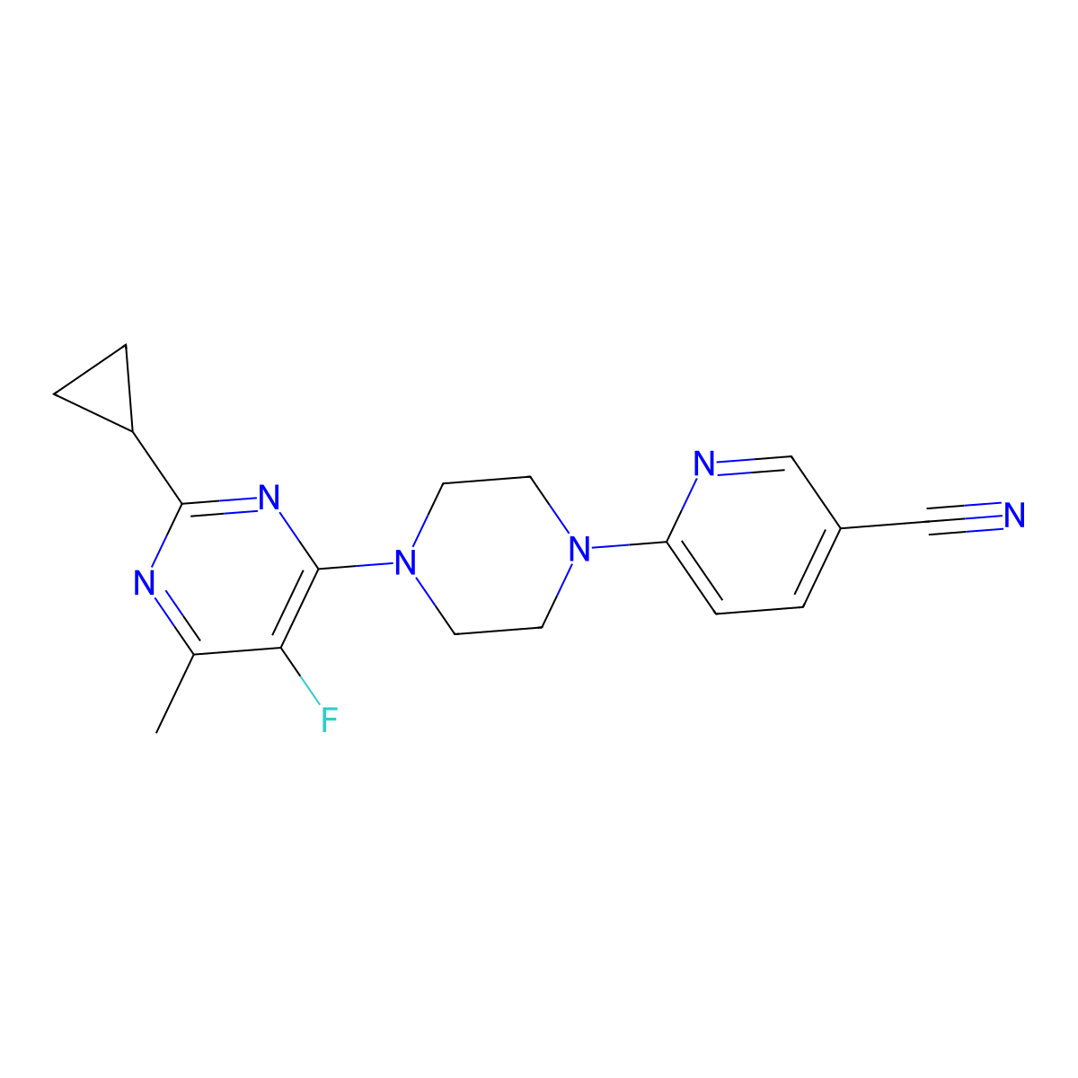6-[4-(2-Cyclopropyl-5-fluoro-6-methylpyrimidin-4-yl)piperazin-1-yl]pyridine-3-carbonitrile molecular structure, CAS 2640966-86-3