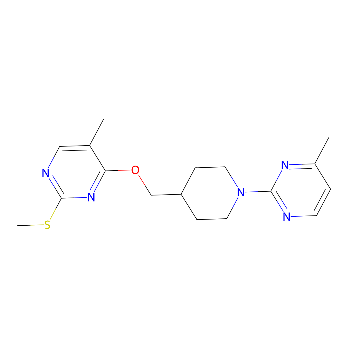 4-Methyl-2-[4-({[5-methyl-2-(methylsulfanyl)pyrimidin-4-yl]oxy}methyl)piperidin-1-yl]pyrimidine molecular structure, CAS 2640966-97-6