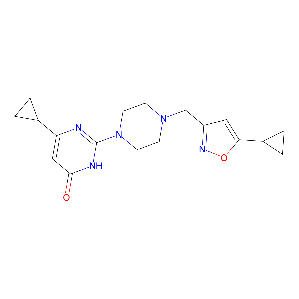 6-Cyclopropyl-2-{4-[(5-cyclopropyl-1,2-oxazol-3-yl)methyl]piperazin-1-yl}-3,4-dihydropyrimidin-4-one molecular structure, CAS 2640967-00-4