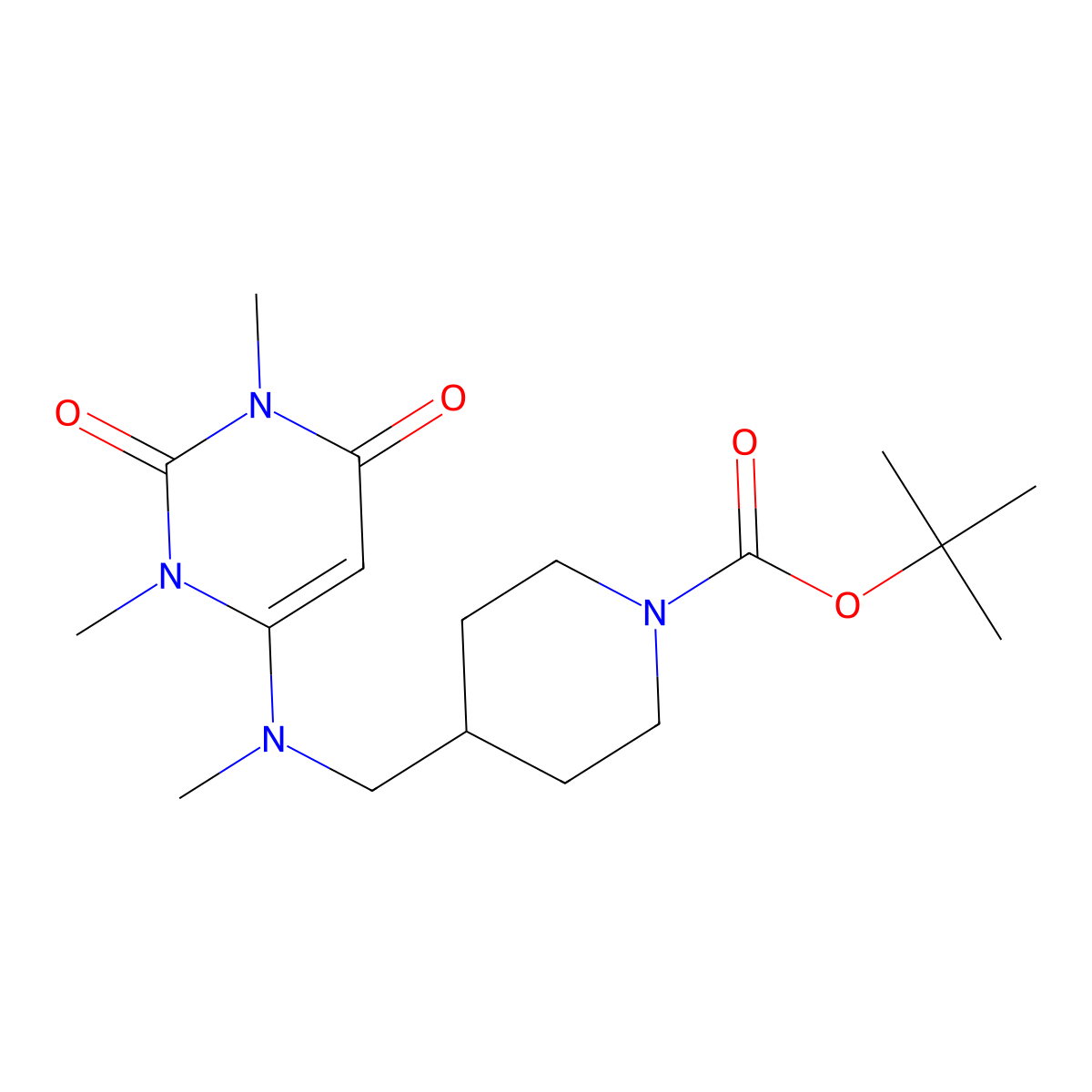 Tert-butyl 4-{[(1,3-dimethyl-2,6-dioxo-1,2,3,6-tetrahydropyrimidin-4-yl)(methyl)amino]methyl}piperidine-1-carboxylate molecular structure, CAS 2640967-02-6