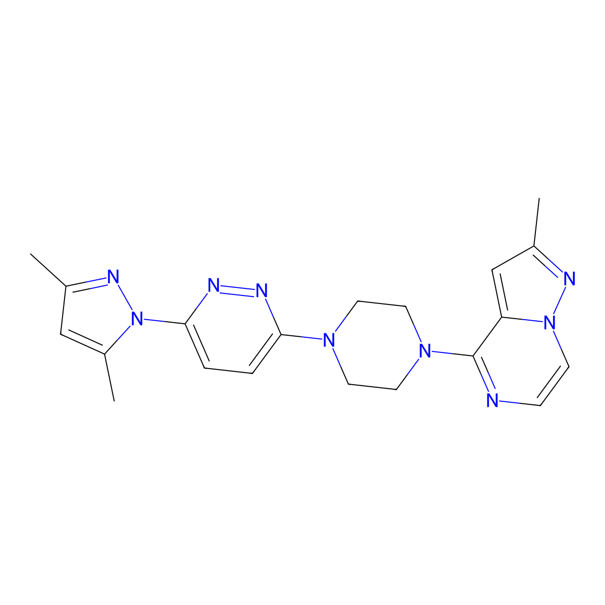 3-(3,5-dimethyl-1H-pyrazol-1-yl)-6-(4-{2-methylpyrazolo[1,5-a]pyrazin-4-yl}piperazin-1-yl)pyridazine molecular structure, CAS 2640967-03-7