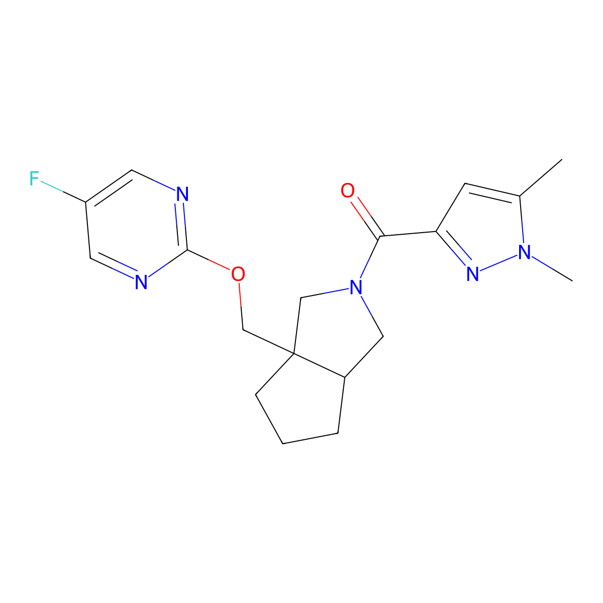 2-{[2-(1,5-dimethyl-1H-pyrazole-3-carbonyl)-octahydrocyclopenta[c]pyrrol-3a-yl]methoxy}-5-fluoropyrimidine molecular structure, CAS 2640967-09-3