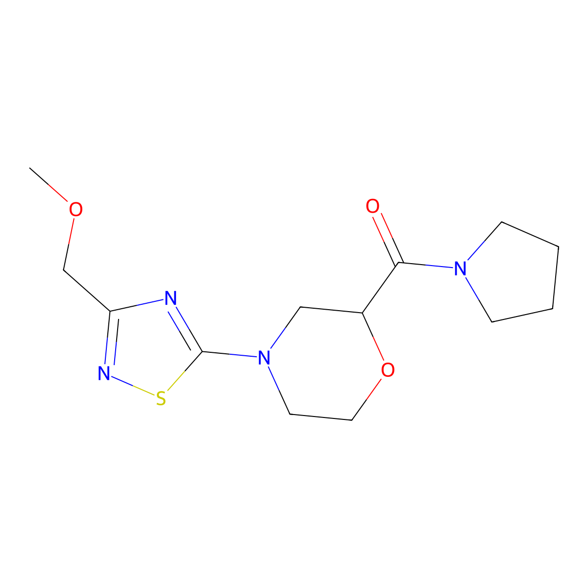 4-[3-(Methoxymethyl)-1,2,4-thiadiazol-5-yl]-2-(pyrrolidine-1-carbonyl)morpholine molecular structure, CAS 2640967-10-6