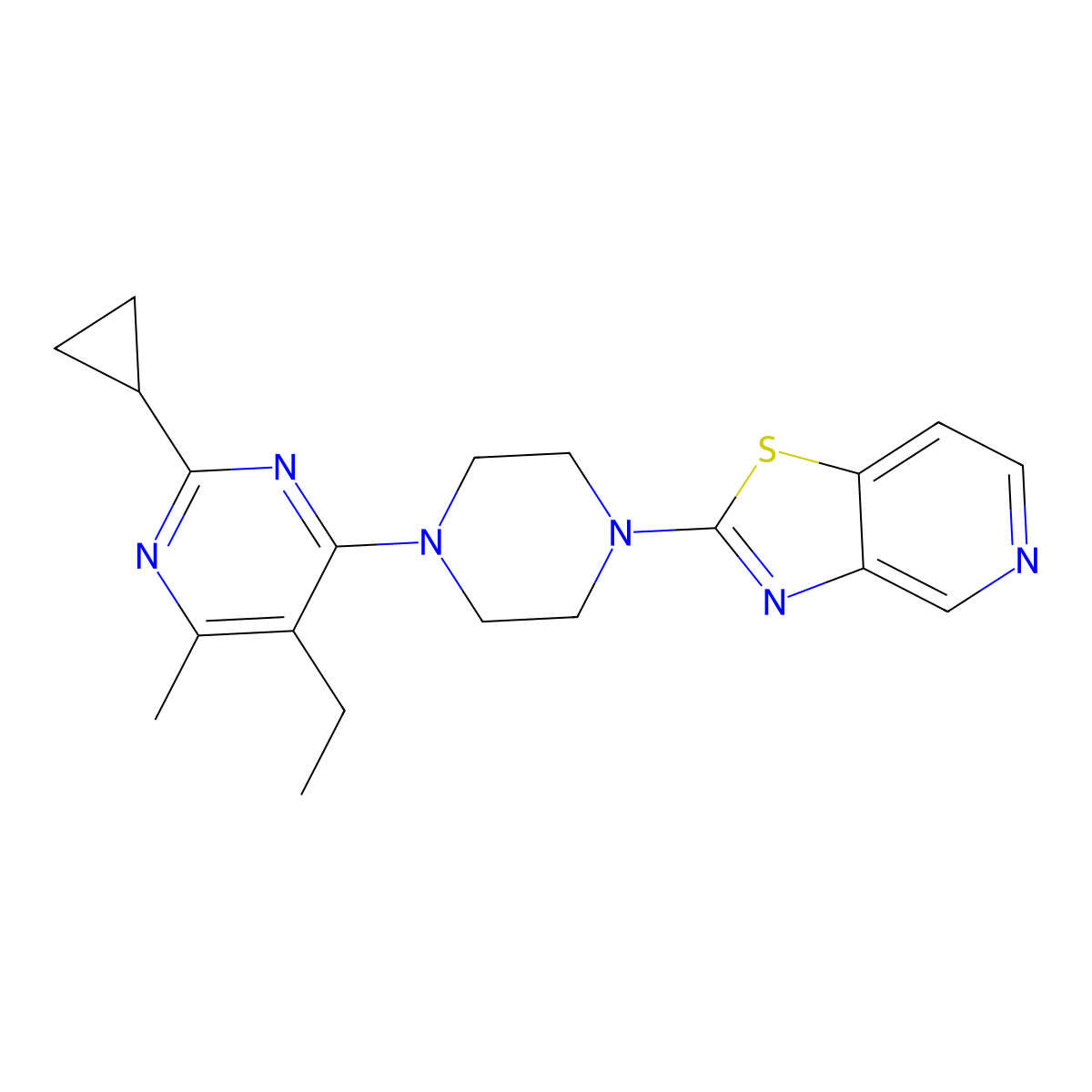 2-Cyclopropyl-5-ethyl-4-methyl-6-(4-{[1,3]thiazolo[4,5-c]pyridin-2-yl}piperazin-1-yl)pyrimidine molecular structure, CAS 2640967-13-9