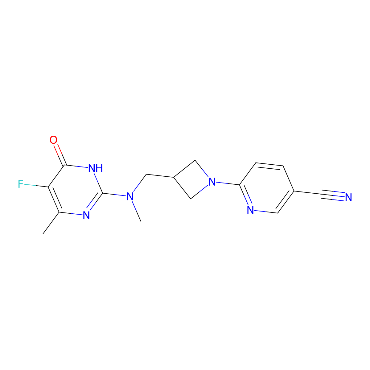 6-(3-{[(5-Fluoro-4-methyl-6-oxo-1,6-dihydropyrimidin-2-yl)(methyl)amino]methyl}azetidin-1-yl)pyridine-3-carbonitrile molecular structure, CAS 2640967-16-2