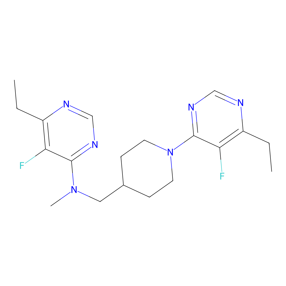 6-ethyl-N-{[1-(6-ethyl-5-fluoropyrimidin-4-yl)piperidin-4-yl]methyl}-5-fluoro-N-methylpyrimidin-4-amine molecular structure, CAS 2640967-17-3
