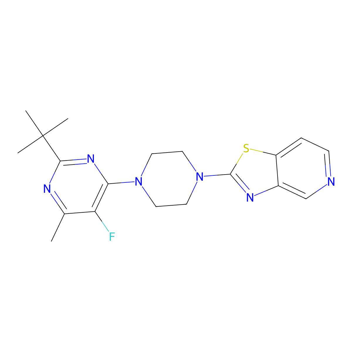 2-Tert-butyl-5-fluoro-4-methyl-6-(4-{[1,3]thiazolo[4,5-c]pyridin-2-yl}piperazin-1-yl)pyrimidine molecular structure, CAS 2640967-20-8