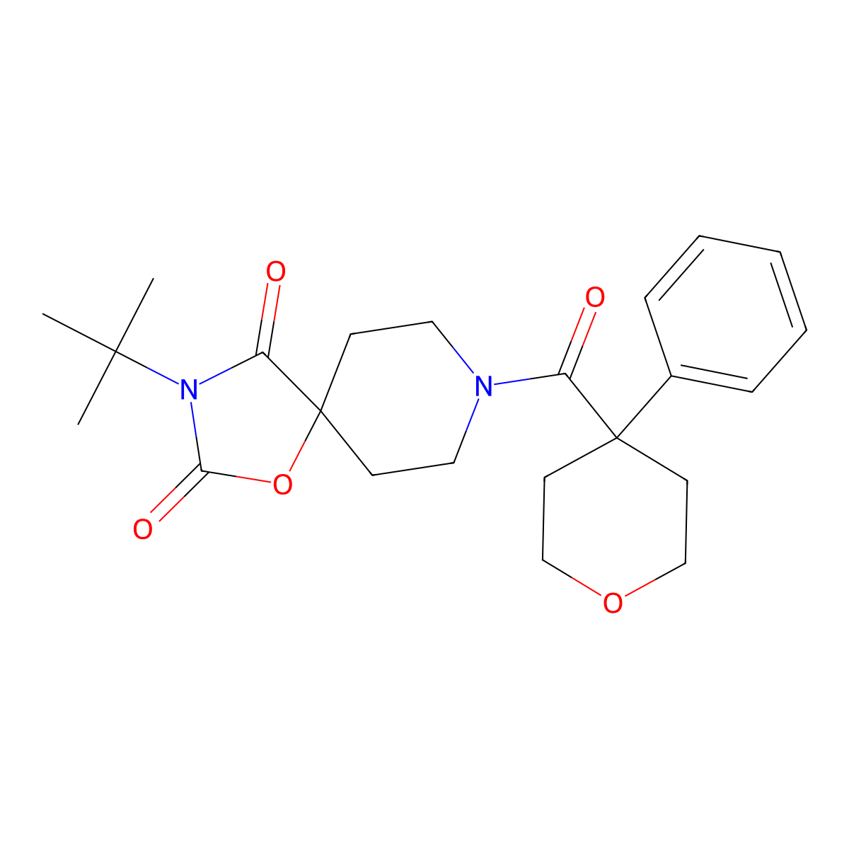 3-Tert-butyl-8-(4-phenyloxane-4-carbonyl)-1-oxa-3,8-diazaspiro[4.5]decane-2,4-dione molecular structure, CAS 2640967-21-9