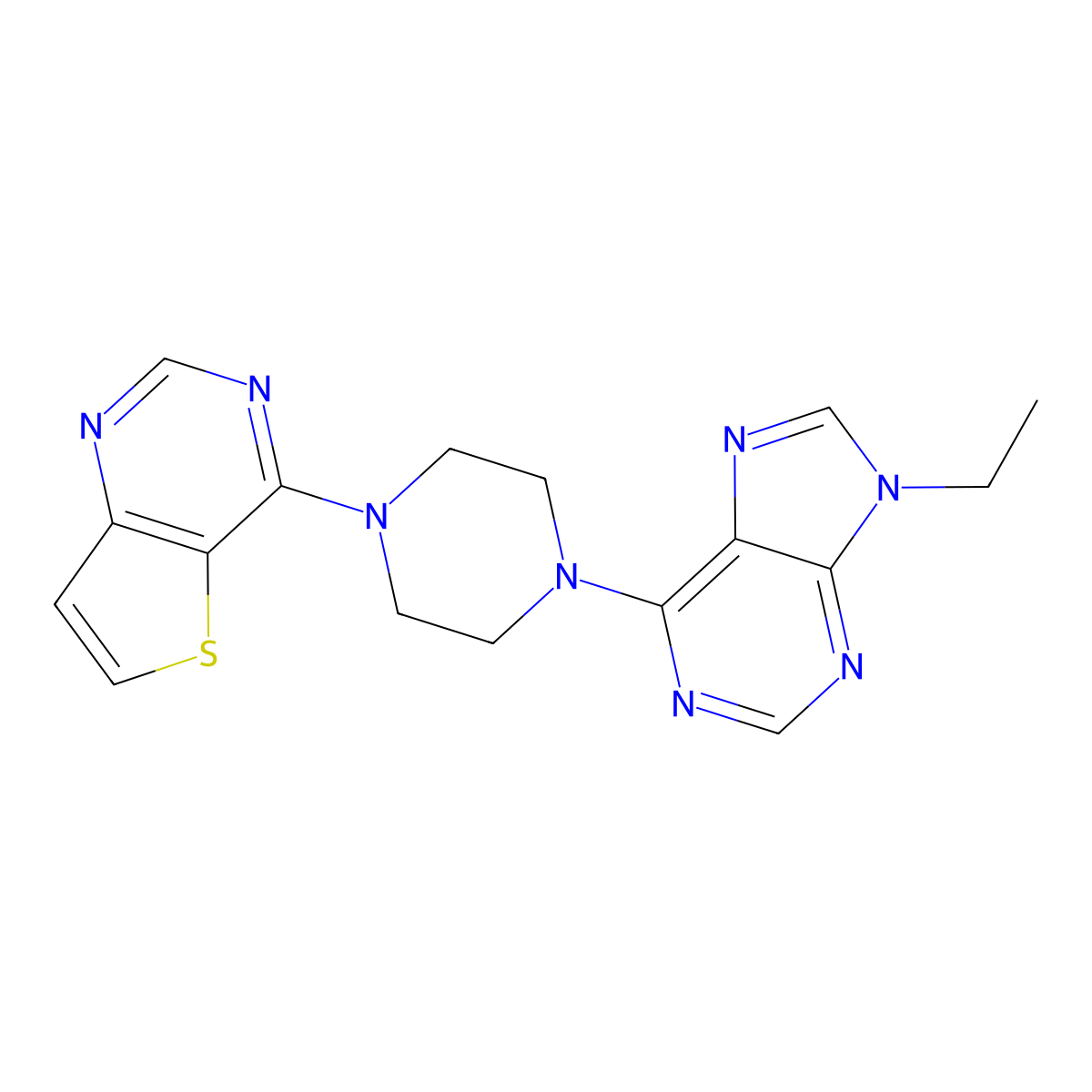 9-ethyl-6-(4-{thieno[3,2-d]pyrimidin-4-yl}piperazin-1-yl)-9H-purine molecular structure, CAS 2640967-22-0