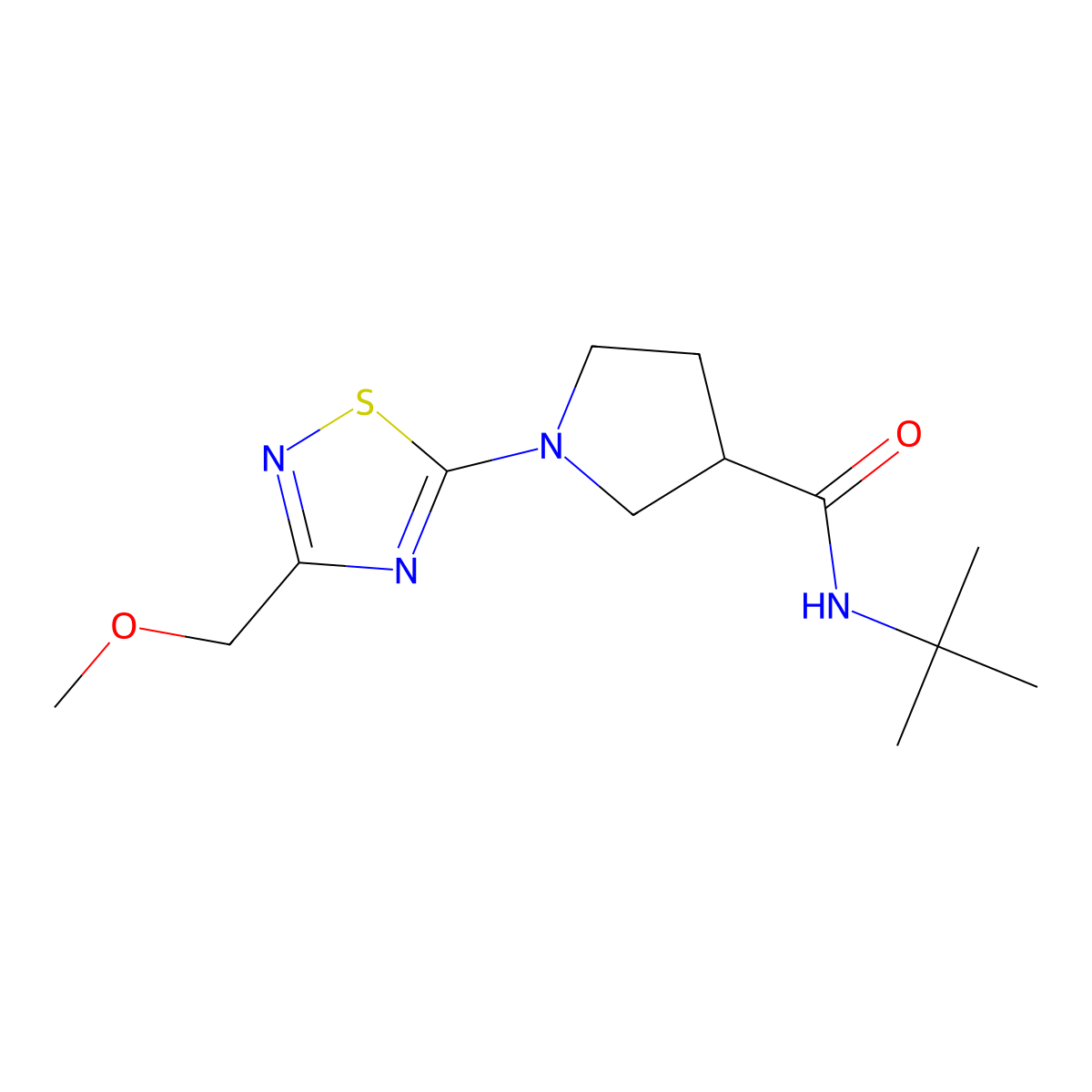 N-tert-butyl-1-[3-(methoxymethyl)-1,2,4-thiadiazol-5-yl]pyrrolidine-3-carboxamide molecular structure, CAS 2640967-26-4