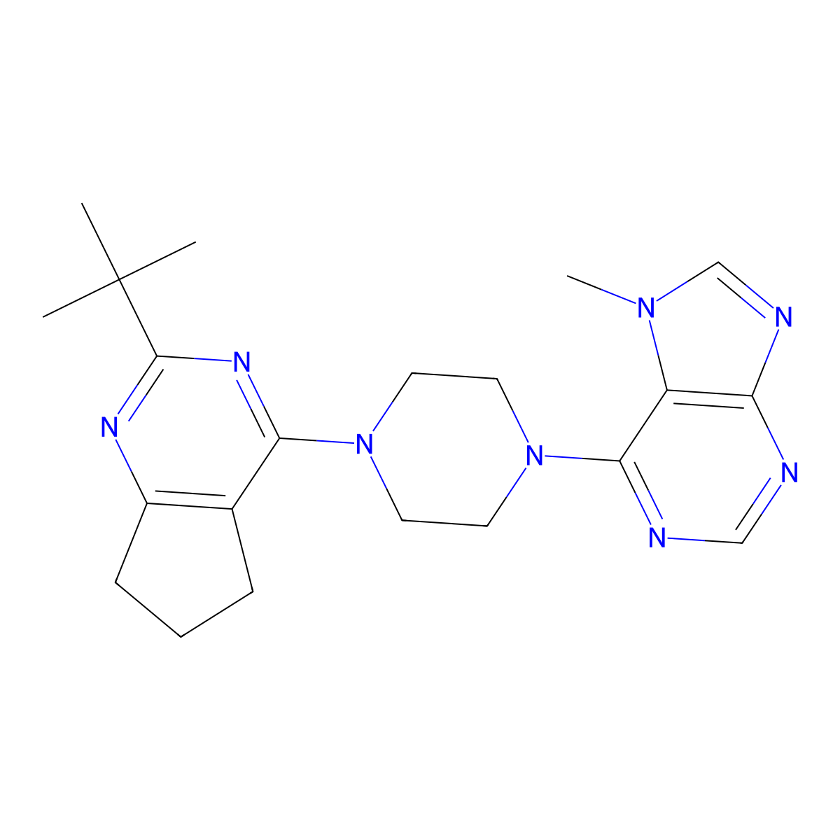 6-(4-{2-tert-butyl-5H,6H,7H-cyclopenta[d]pyrimidin-4-yl}piperazin-1-yl)-7-methyl-7H-purine molecular structure, CAS 2640967-29-7