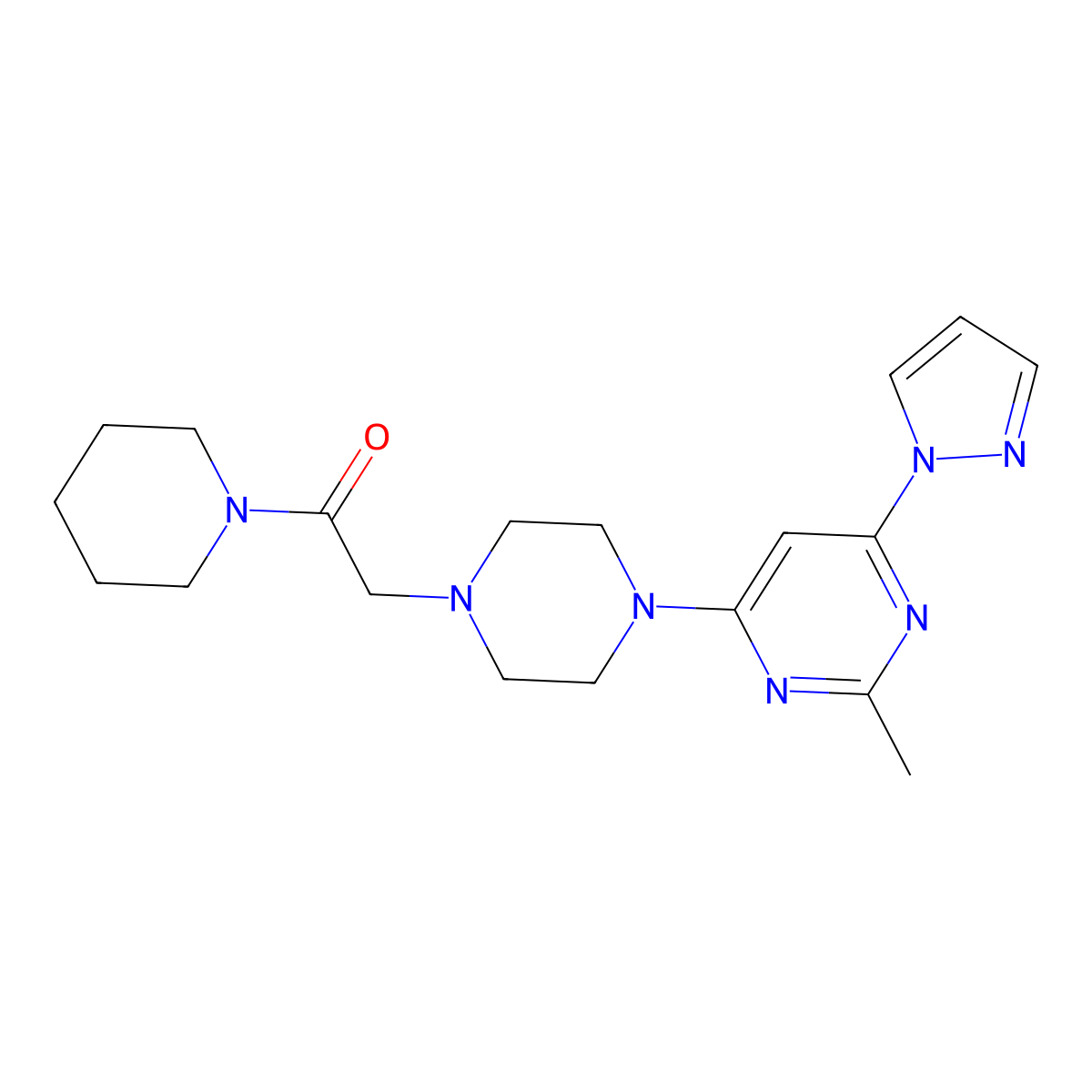 2-{4-[2-methyl-6-(1H-pyrazol-1-yl)pyrimidin-4-yl]piperazin-1-yl}-1-(piperidin-1-yl)ethan-1-one molecular structure, CAS 2640967-30-0