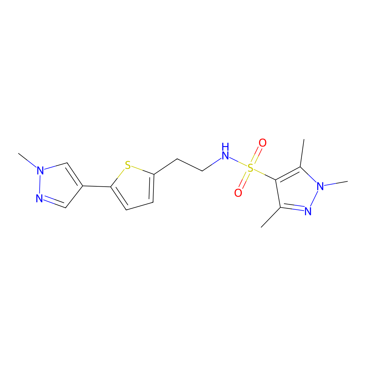 1,3,5-trimethyl-N-{2-[5-(1-methyl-1H-pyrazol-4-yl)thiophen-2-yl]ethyl}-1H-pyrazole-4-sulfonamide molecular structure, CAS 2640967-32-2