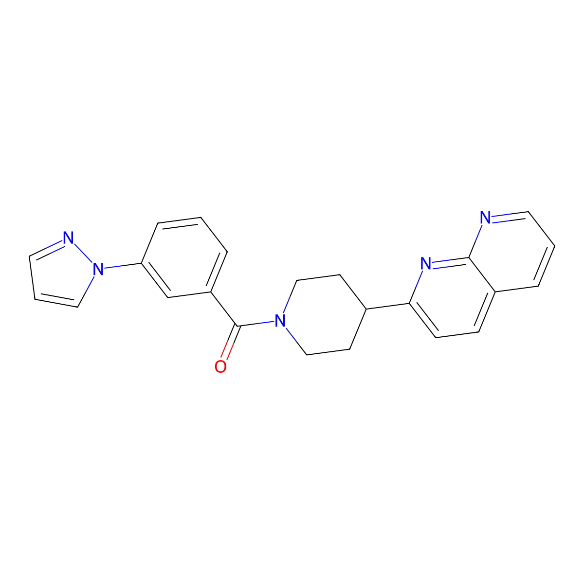 2-{1-[3-(1H-pyrazol-1-yl)benzoyl]piperidin-4-yl}-1,8-naphthyridine molecular structure, CAS 2640967-34-4