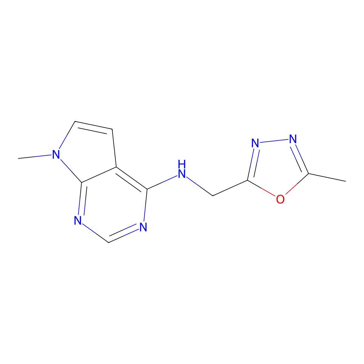 7-methyl-N-[(5-methyl-1,3,4-oxadiazol-2-yl)methyl]-7H-pyrrolo[2,3-d]pyrimidin-4-amine molecular structure, CAS 2640967-36-6