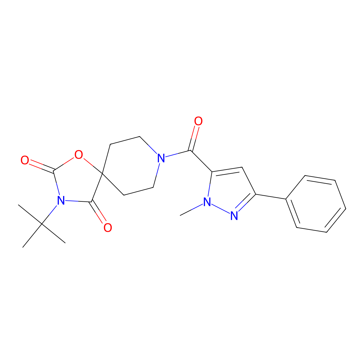 3-tert-butyl-8-(1-methyl-3-phenyl-1H-pyrazole-5-carbonyl)-1-oxa-3,8-diazaspiro[4.5]decane-2,4-dione molecular structure, CAS 2640967-41-3