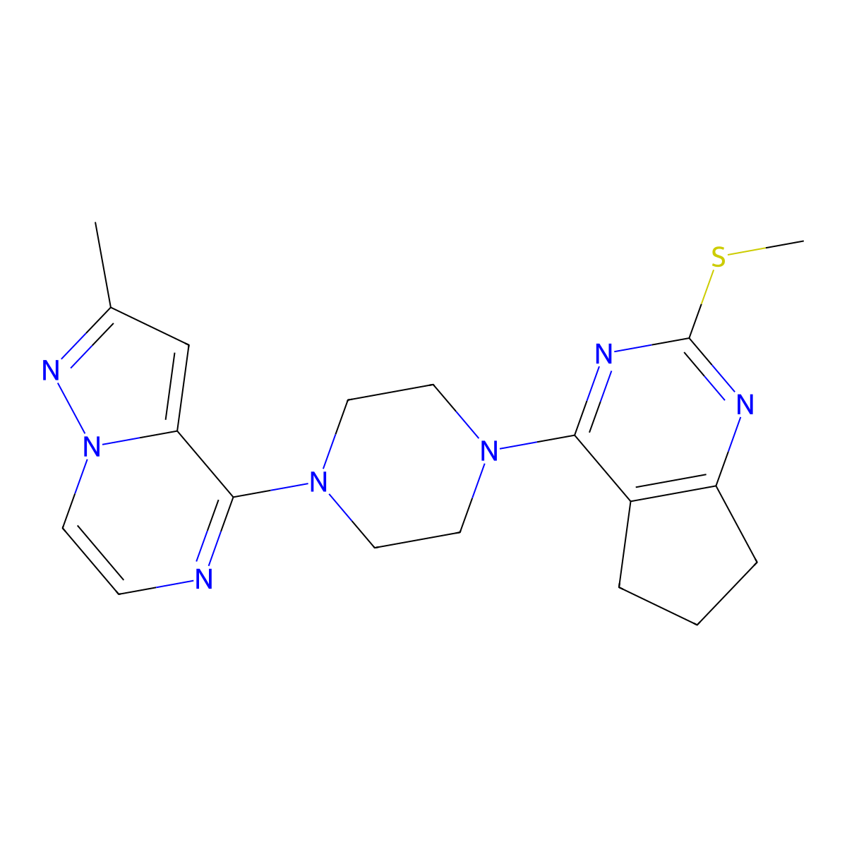 1-{2-methylpyrazolo[1,5-a]pyrazin-4-yl}-4-[2-(methylsulfanyl)-5H,6H,7H-cyclopenta[d]pyrimidin-4-yl]piperazine molecular structure, CAS 2640967-49-1