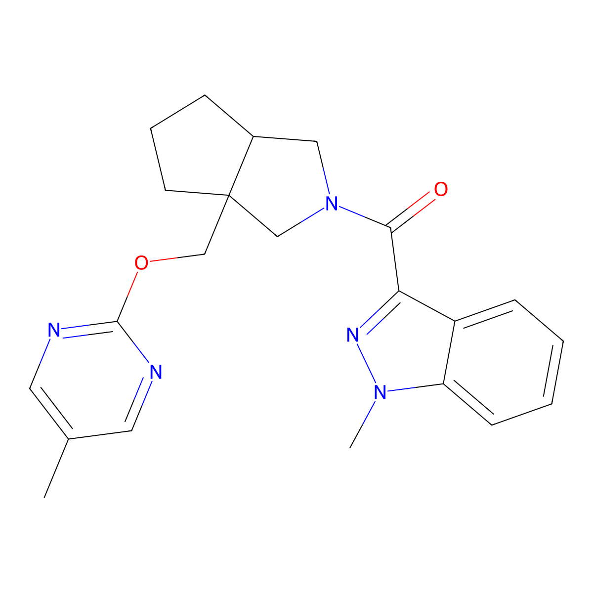 3-(3a-{[(5-methylpyrimidin-2-yl)oxy]methyl}-octahydrocyclopenta[c]pyrrole-2-carbonyl)-1-methyl-1H-indazole molecular structure, CAS 2640967-50-4
