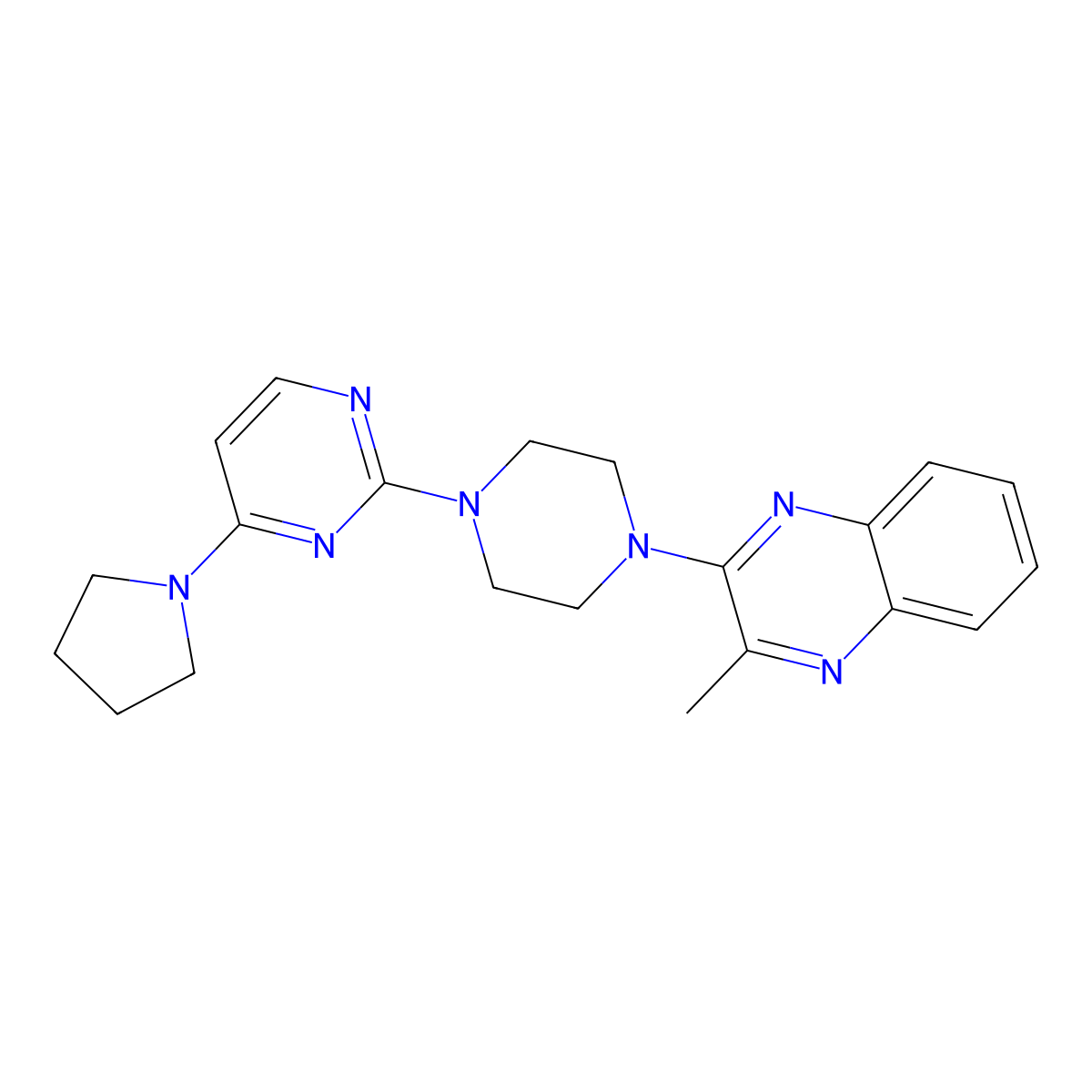 2-Methyl-3-{4-[4-(pyrrolidin-1-yl)pyrimidin-2-yl]piperazin-1-yl}quinoxaline molecular structure, CAS 2640967-51-5