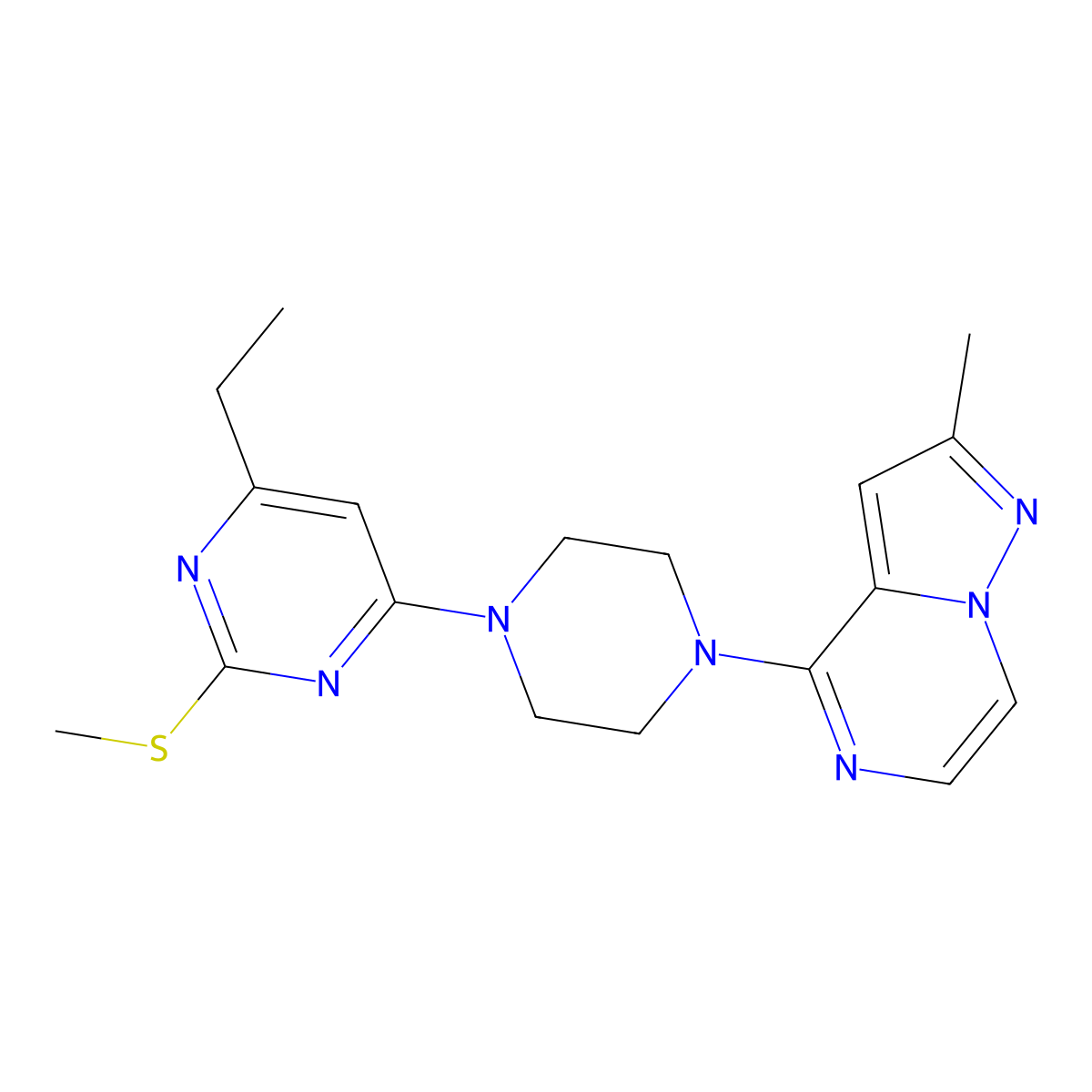 4-Ethyl-6-(4-{2-methylpyrazolo[1,5-a]pyrazin-4-yl}piperazin-1-yl)-2-(methylsulfanyl)pyrimidine molecular structure, CAS 2640967-53-7