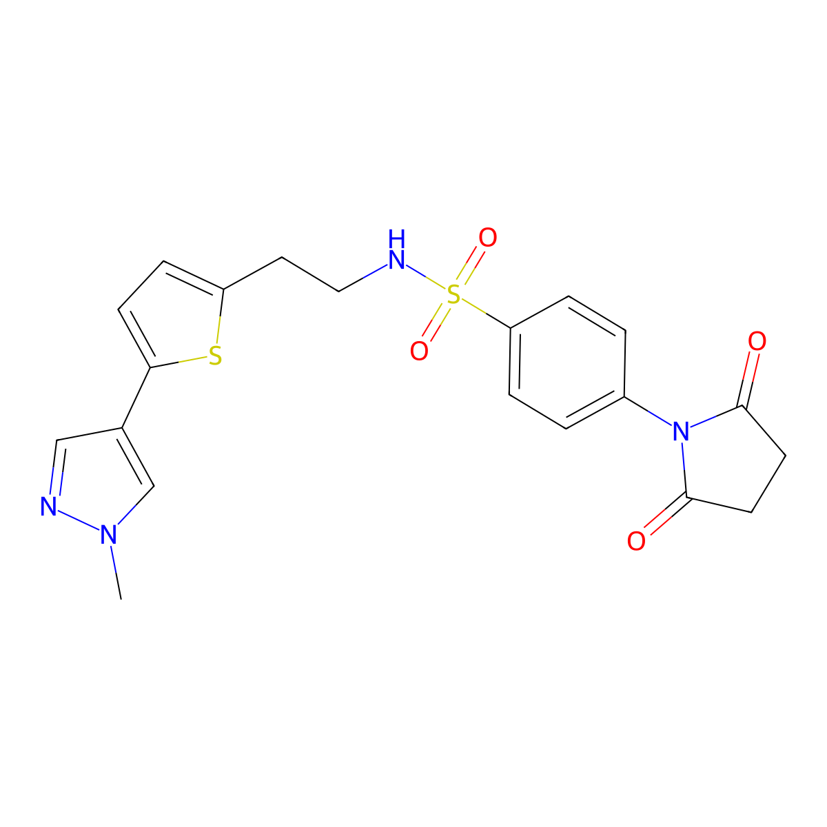 4-(2,5-dioxopyrrolidin-1-yl)-N-{2-[5-(1-methyl-1H-pyrazol-4-yl)thiophen-2-yl]ethyl}benzene-1-sulfonamide molecular structure, CAS 2640967-57-1
