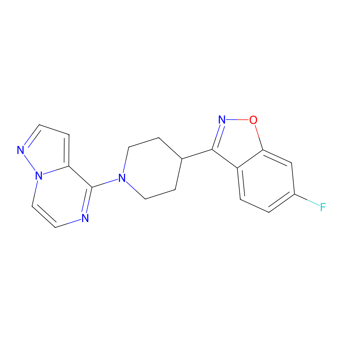 6-Fluoro-3-(1-{pyrazolo[1,5-a]pyrazin-4-yl}piperidin-4-yl)-1,2-benzoxazole molecular structure, CAS 2640967-61-7