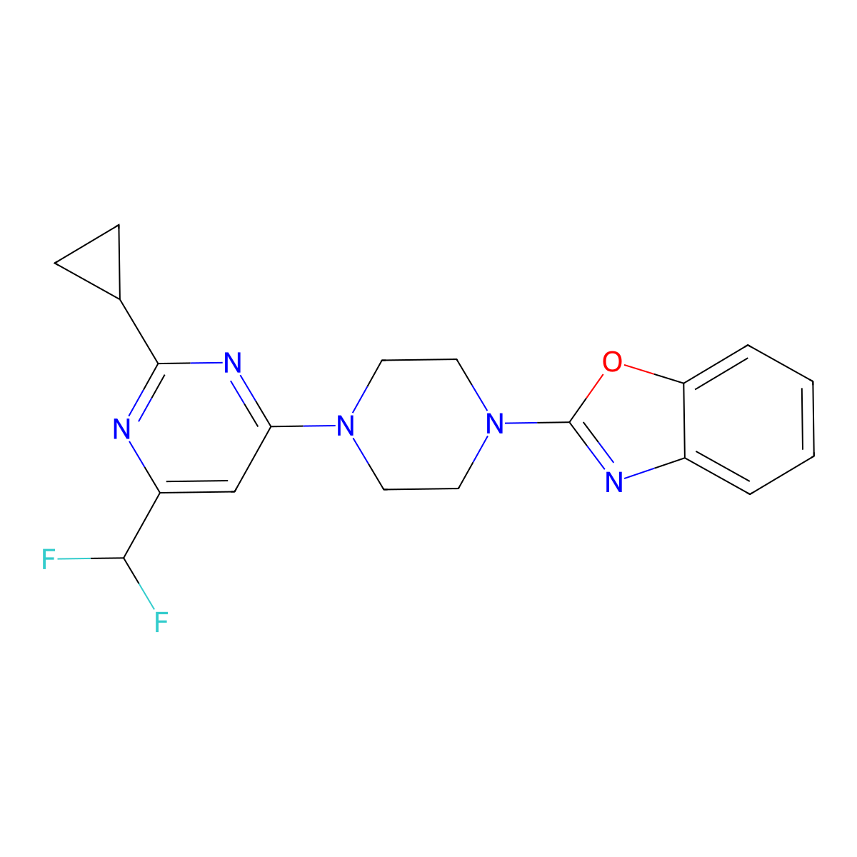 2-{4-[2-Cyclopropyl-6-(difluoromethyl)pyrimidin-4-yl]piperazin-1-yl}-1,3-benzoxazole molecular structure, CAS 2640967-63-9