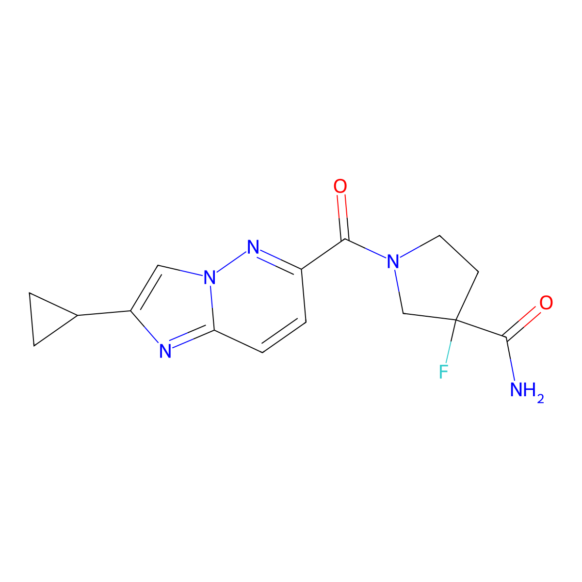 1-{2-Cyclopropylimidazo[1,2-b]pyridazine-6-carbonyl}-3-fluoropyrrolidine-3-carboxamide molecular structure, CAS 2640967-69-5