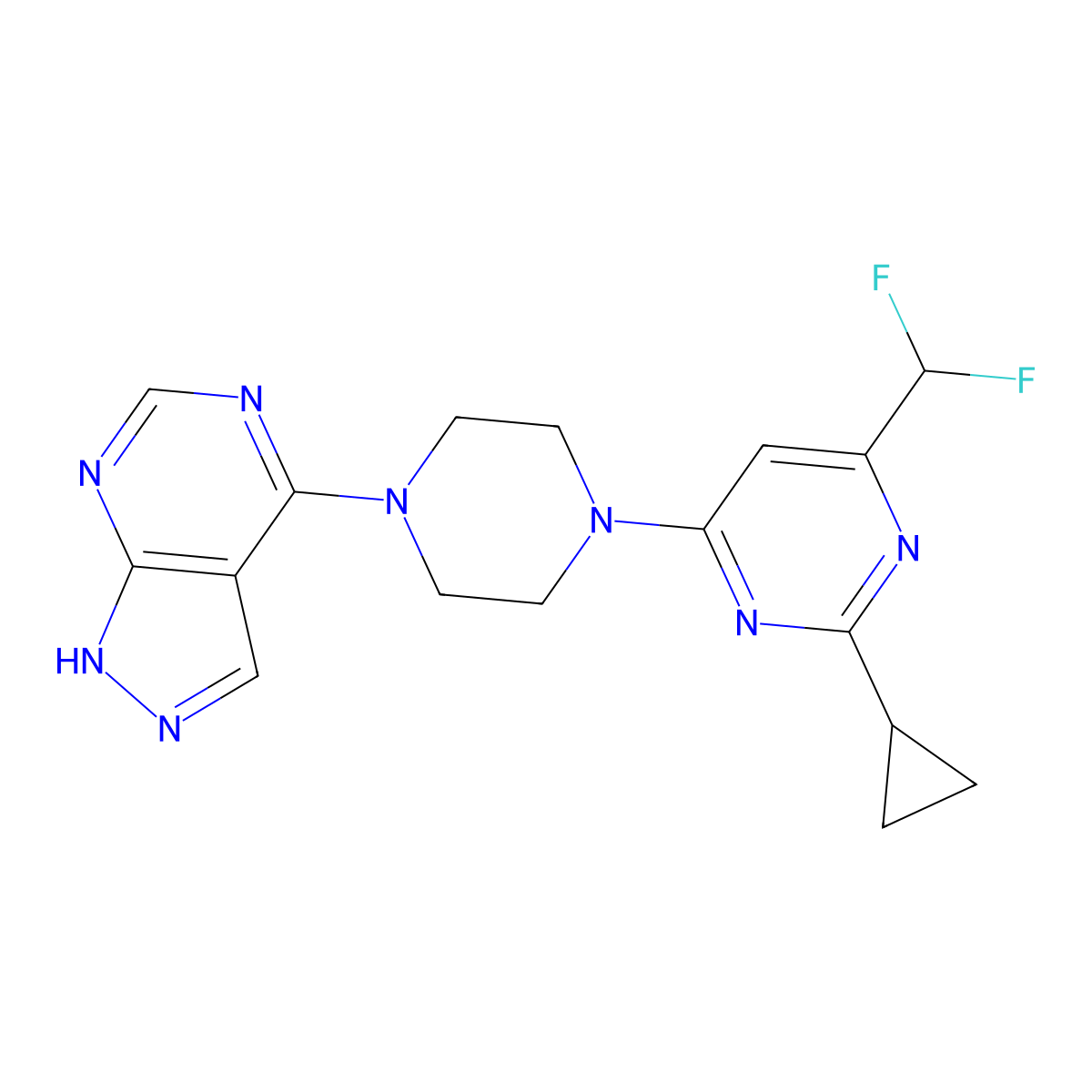 2-cyclopropyl-4-(difluoromethyl)-6-(4-{1H-pyrazolo[3,4-d]pyrimidin-4-yl}piperazin-1-yl)pyrimidine molecular structure, CAS 2640967-71-9