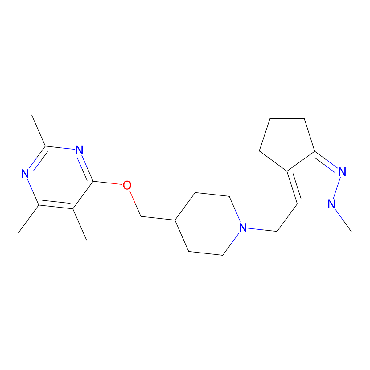 2,4,5-trimethyl-6-{[1-({2-methyl-2H,4H,5H,6H-cyclopenta[c]pyrazol-3-yl}methyl)piperidin-4-yl]methoxy}pyrimidine molecular structure, CAS 2640967-75-3