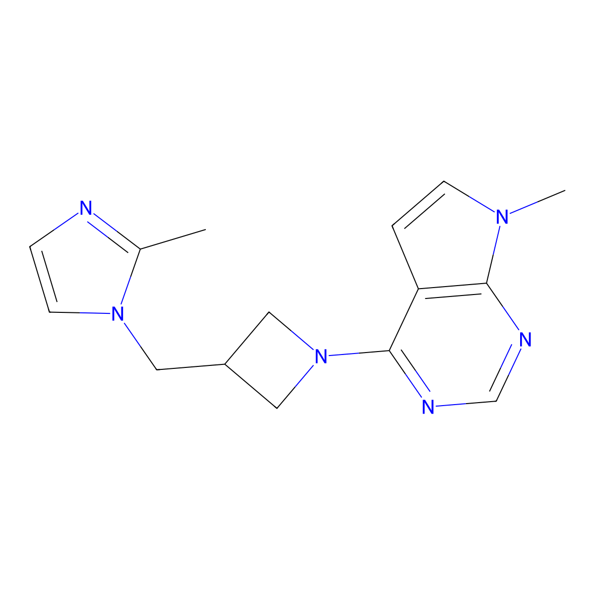 2-methyl-1-[(1-{7-methyl-7H-pyrrolo[2,3-d]pyrimidin-4-yl}azetidin-3-yl)methyl]-1H-imidazole molecular structure, CAS 2640967-77-5