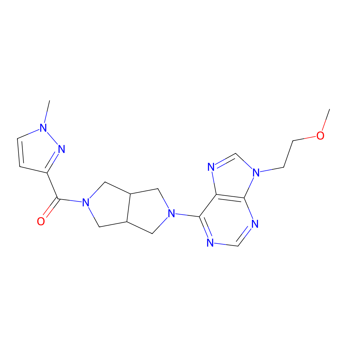 9-(2-methoxyethyl)-6-[5-(1-methyl-1H-pyrazole-3-carbonyl)-octahydropyrrolo[3,4-c]pyrrol-2-yl]-9H-purine molecular structure, CAS 2640967-78-6
