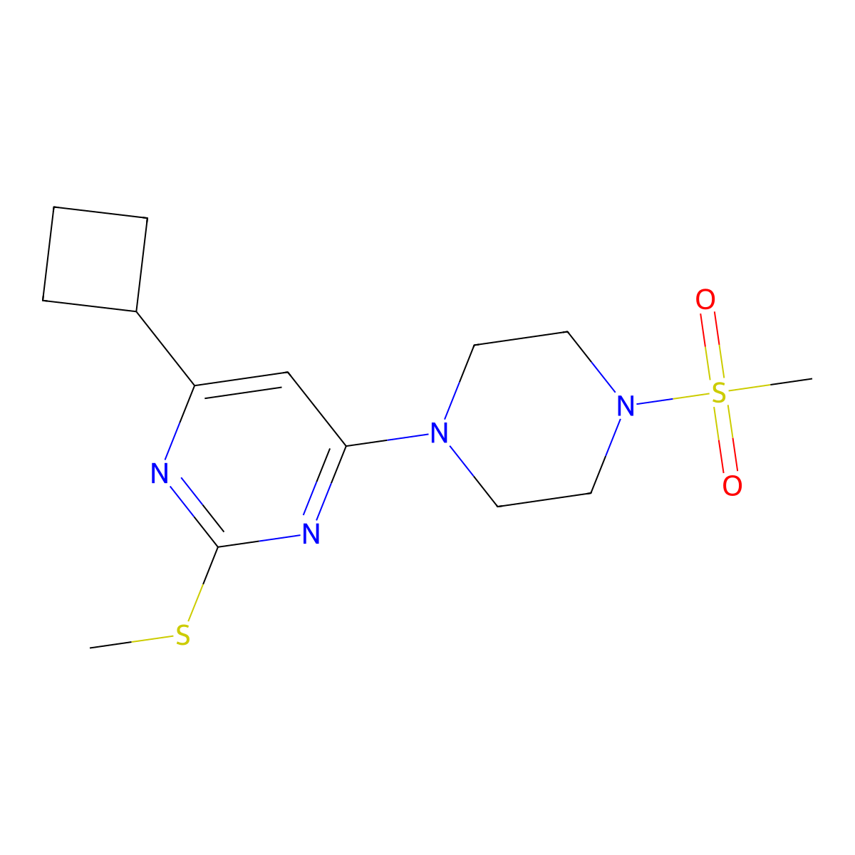 4-Cyclobutyl-6-(4-methanesulfonylpiperazin-1-yl)-2-(methylsulfanyl)pyrimidine molecular structure, CAS 2640967-82-2
