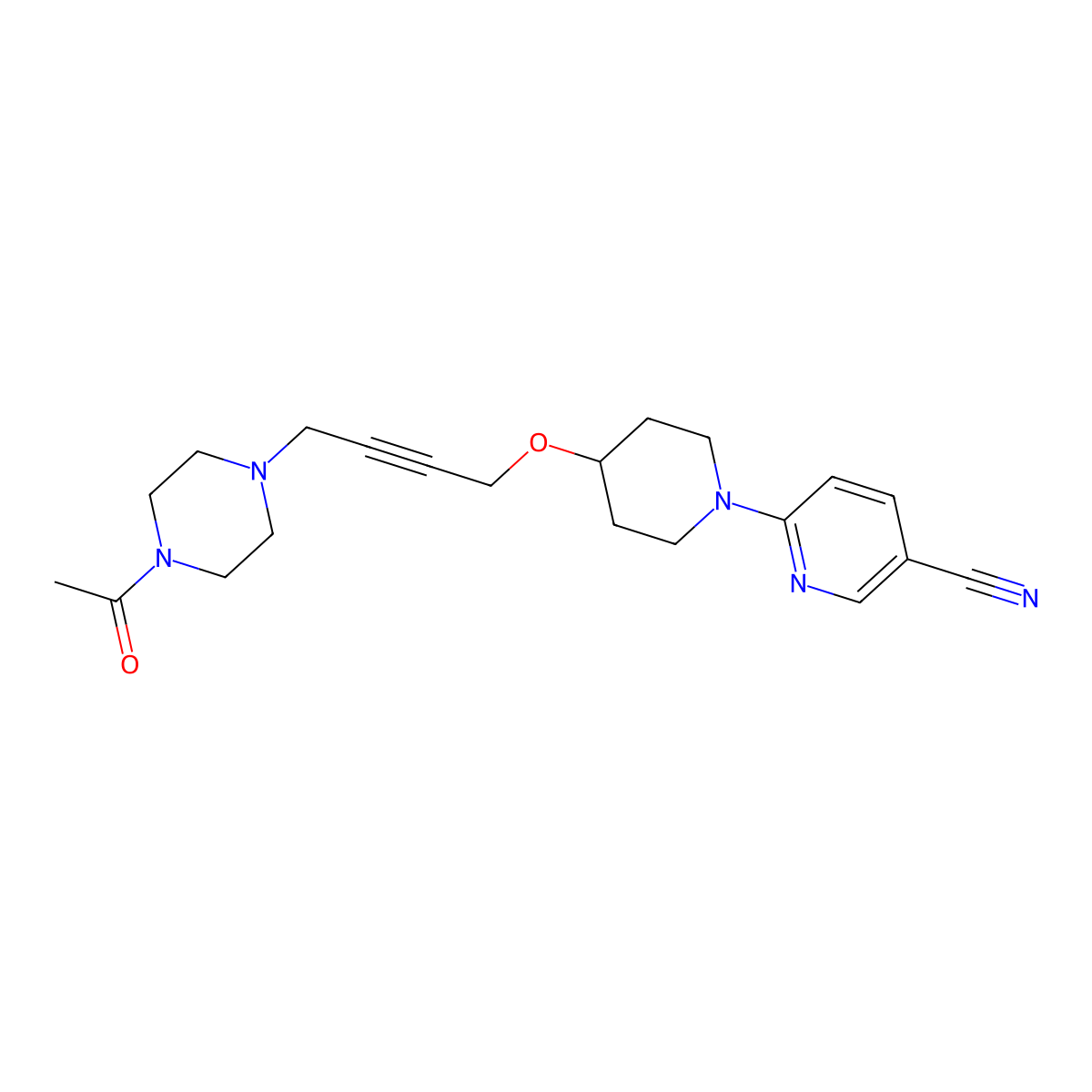6-(4-{[4-(4-Acetylpiperazin-1-yl)but-2-yn-1-yl]oxy}piperidin-1-yl)pyridine-3-carbonitrile molecular structure, CAS 2640967-89-9