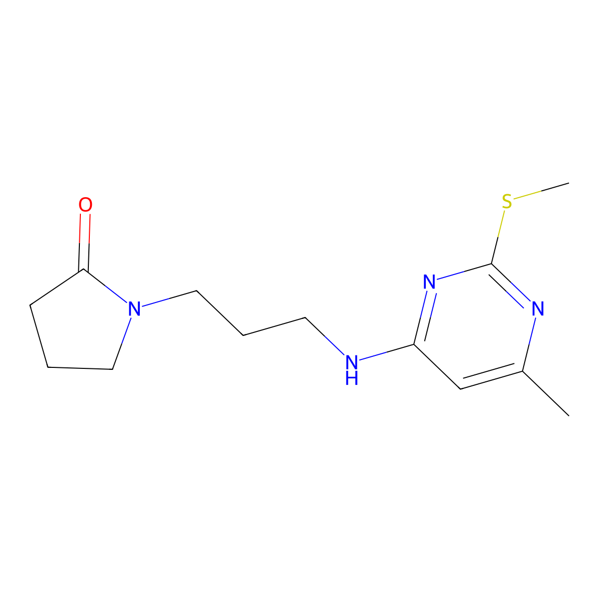 1-(3-{[6-Methyl-2-(methylsulfanyl)pyrimidin-4-yl]amino}propyl)pyrrolidin-2-one molecular structure, CAS 2640967-95-7