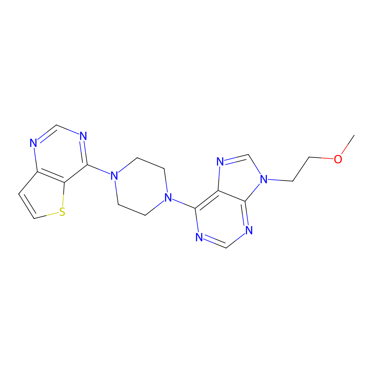 9-(2-methoxyethyl)-6-(4-{thieno[3,2-d]pyrimidin-4-yl}piperazin-1-yl)-9H-purine molecular structure, CAS 2640967-97-9