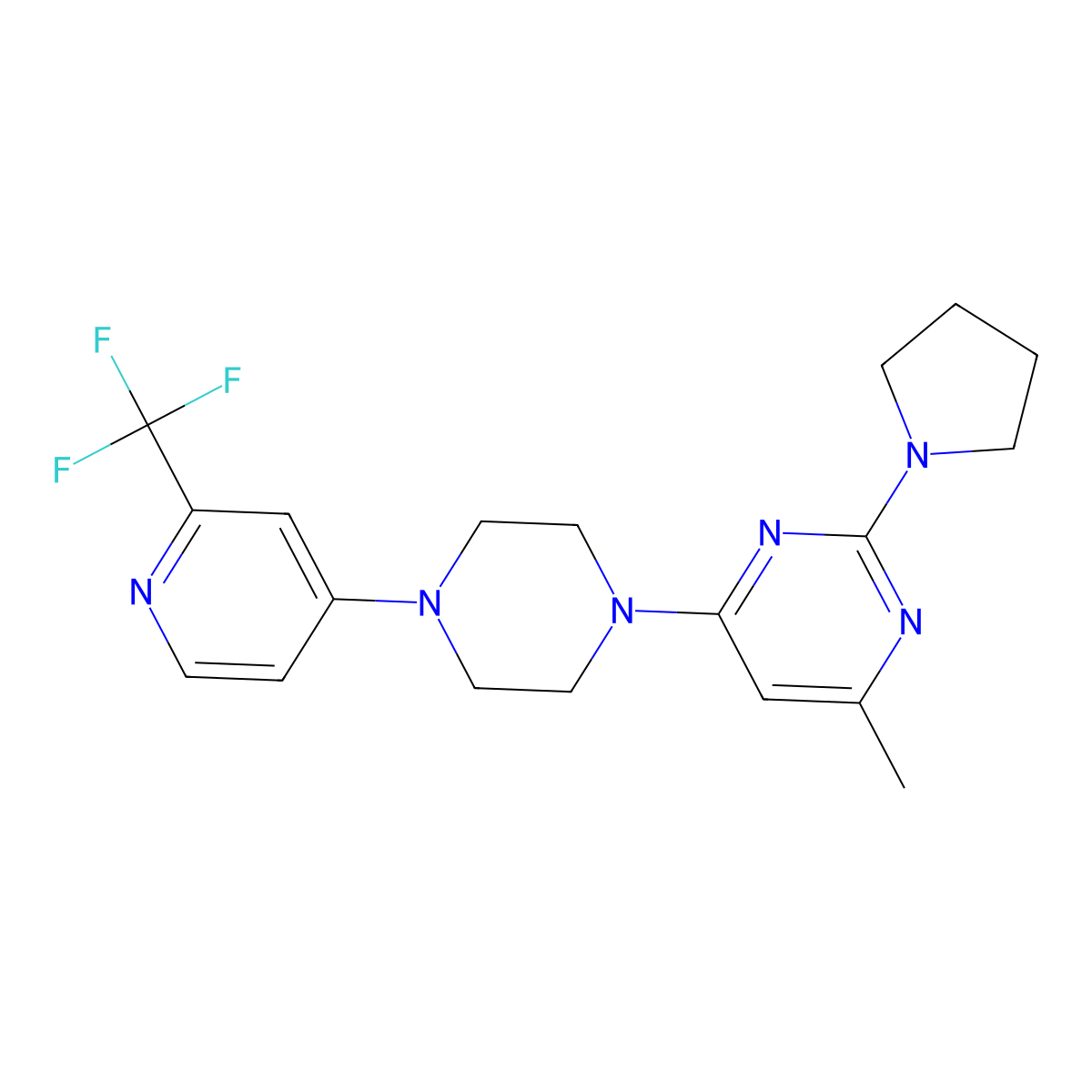 4-Methyl-2-(pyrrolidin-1-yl)-6-{4-[2-(trifluoromethyl)pyridin-4-yl]piperazin-1-yl}pyrimidine molecular structure, CAS 2640968-02-9