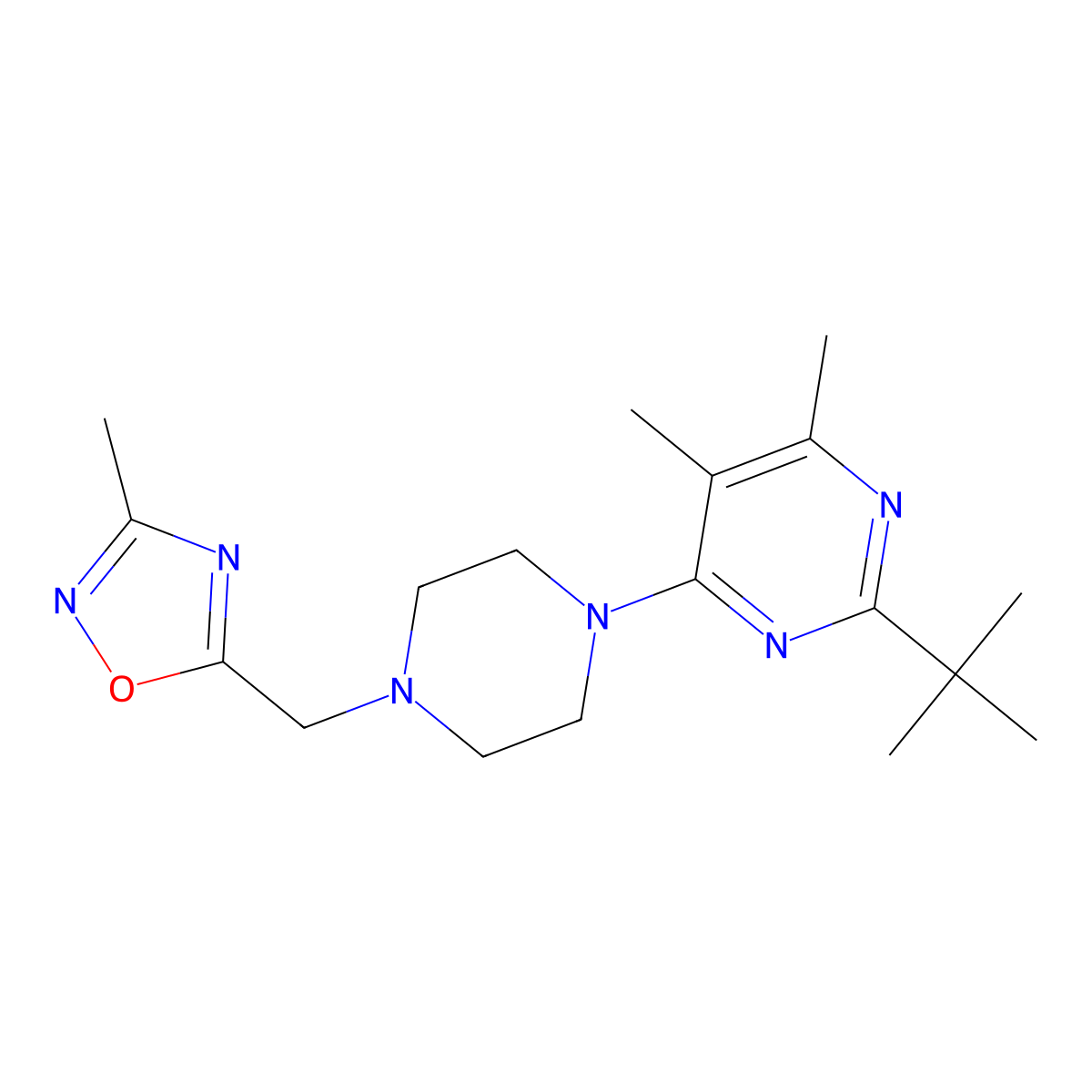 2-Tert-butyl-4,5-dimethyl-6-{4-[(3-methyl-1,2,4-oxadiazol-5-yl)methyl]piperazin-1-yl}pyrimidine molecular structure, CAS 2640968-04-1