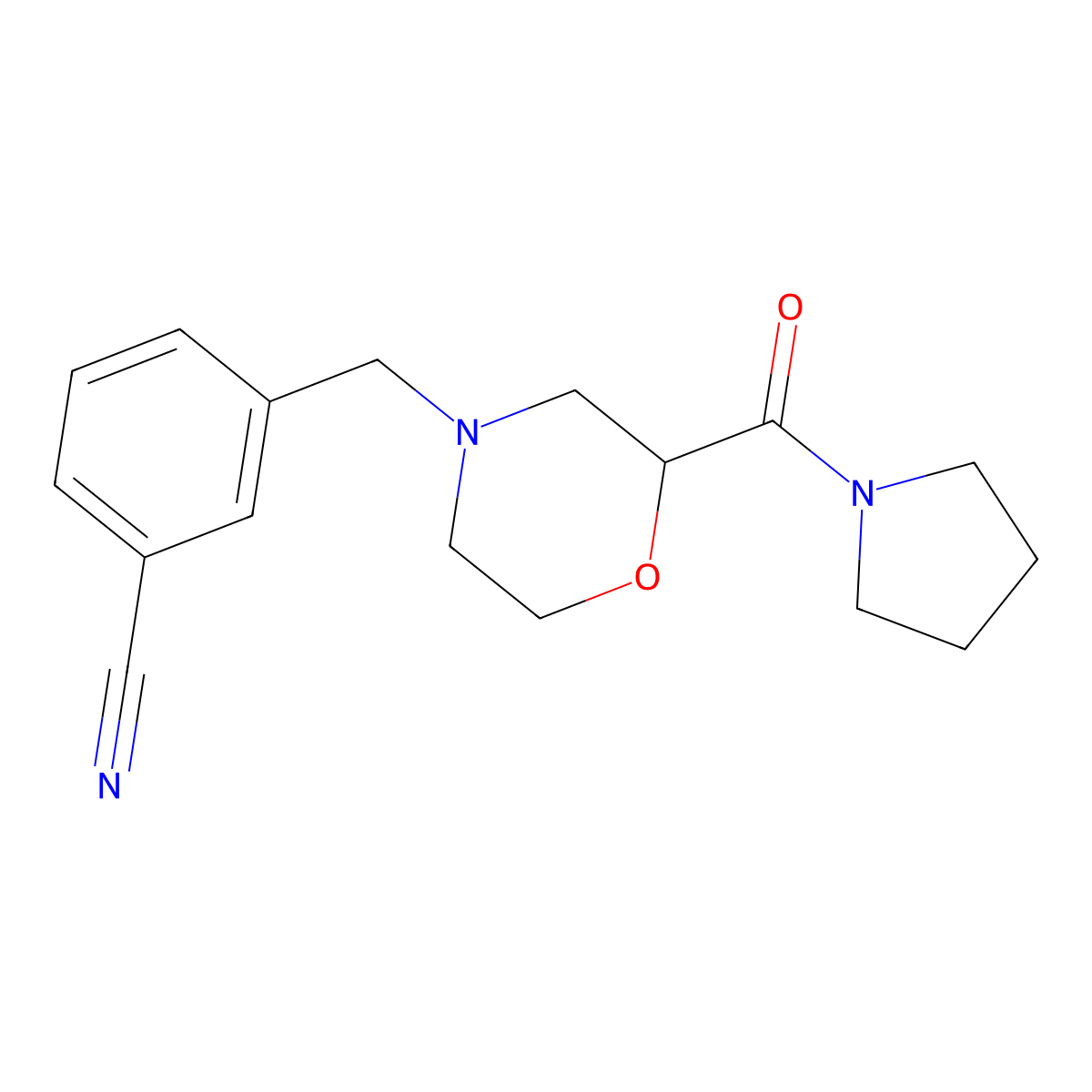 3-{[2-(Pyrrolidine-1-carbonyl)morpholin-4-yl]methyl}benzonitrile molecular structure, CAS 2640968-05-2