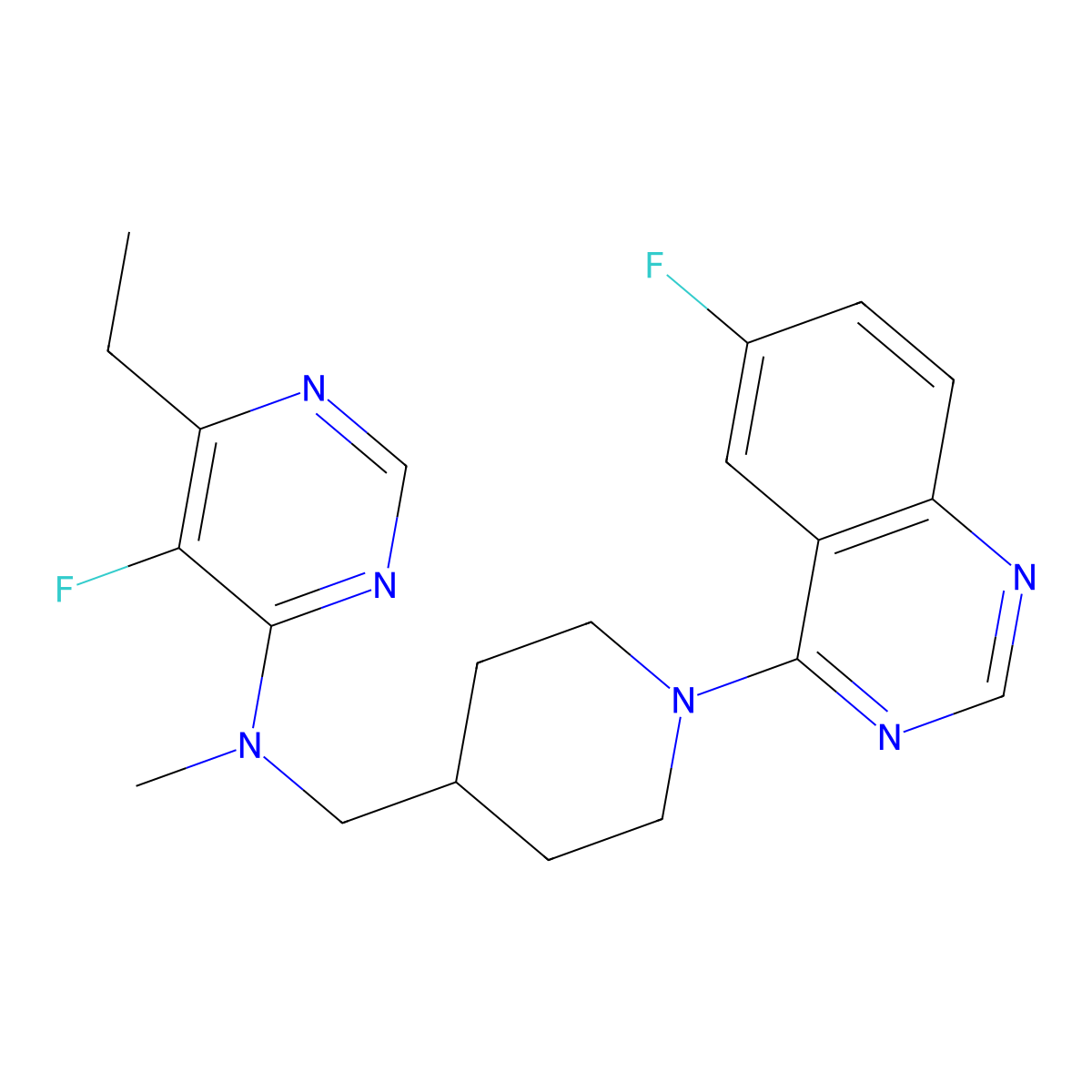 6-ethyl-5-fluoro-N-{[1-(6-fluoroquinazolin-4-yl)piperidin-4-yl]methyl}-N-methylpyrimidin-4-amine molecular structure, CAS 2640968-06-3