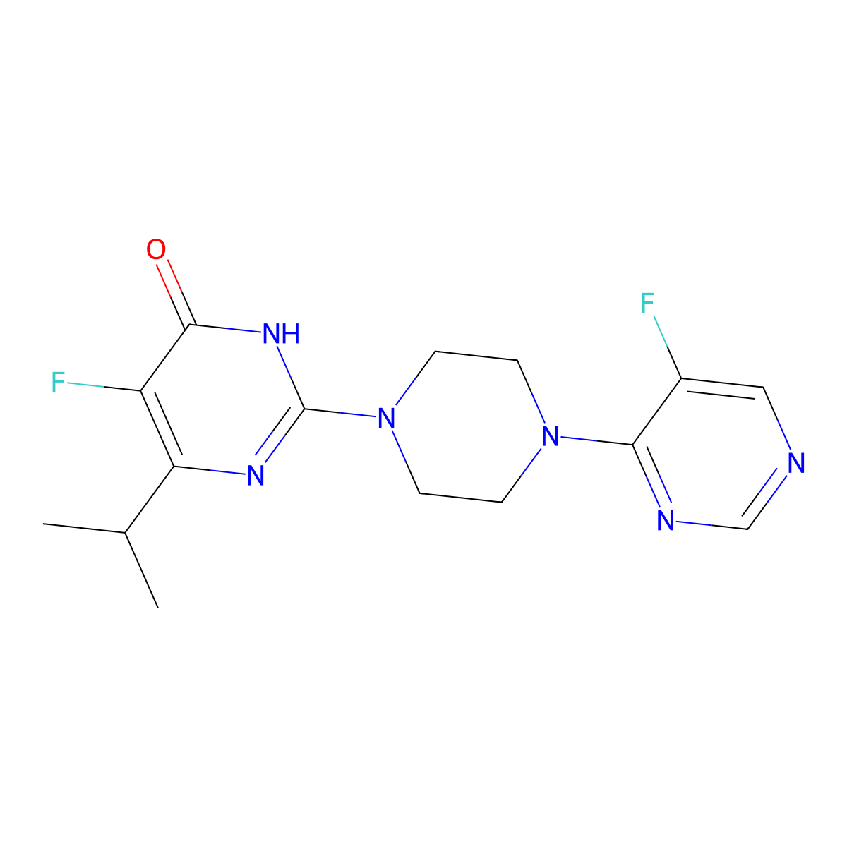 5-Fluoro-2-[4-(5-fluoropyrimidin-4-yl)piperazin-1-yl]-6-(propan-2-yl)-3,4-dihydropyrimidin-4-one molecular structure, CAS 2640968-08-5
