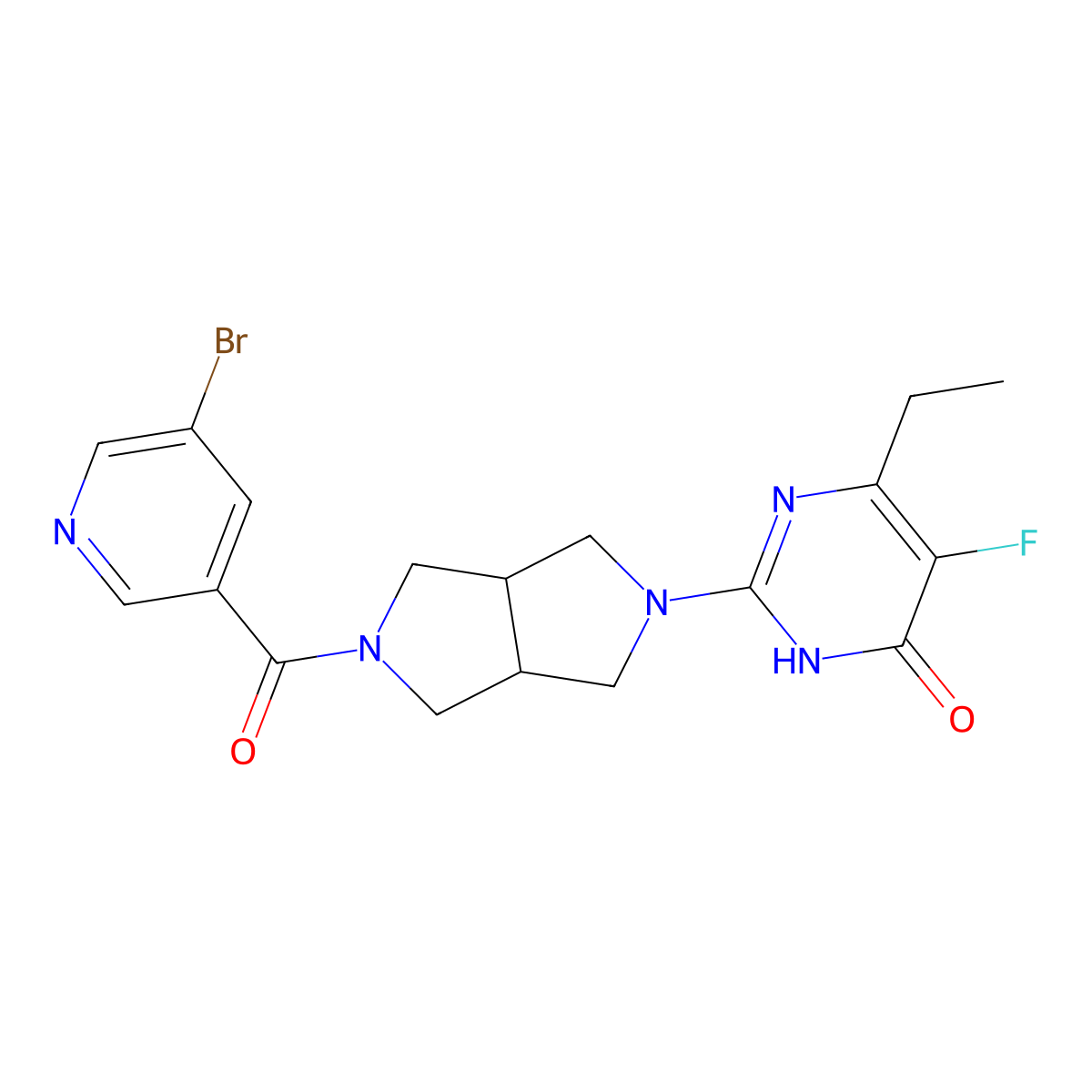 2-[5-(5-Bromopyridine-3-carbonyl)-octahydropyrrolo[3,4-c]pyrrol-2-yl]-6-ethyl-5-fluoro-3,4-dihydropyrimidin-4-one molecular structure, CAS 2640968-10-9