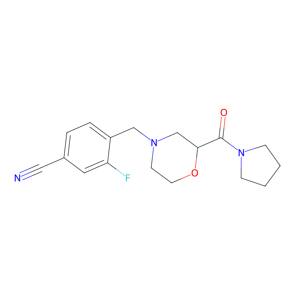 3-Fluoro-4-{[2-(pyrrolidine-1-carbonyl)morpholin-4-yl]methyl}benzonitrile molecular structure, CAS 2640968-11-0