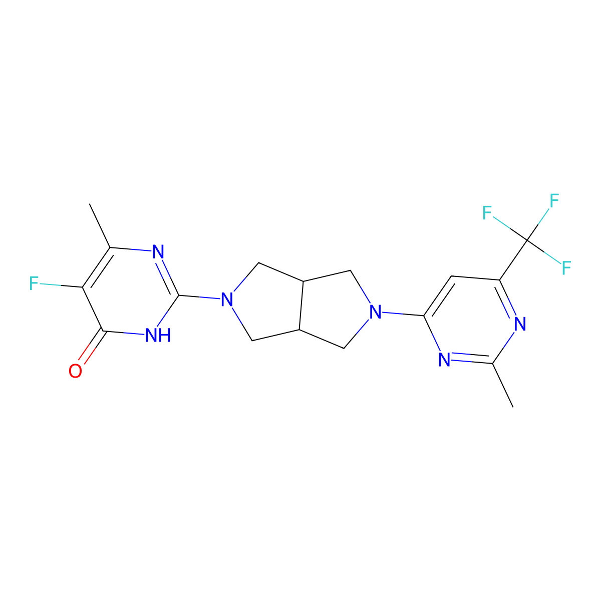 5-Fluoro-6-methyl-2-{5-[2-methyl-6-(trifluoromethyl)pyrimidin-4-yl]-octahydropyrrolo[3,4-c]pyrrol-2-yl}-3,4-dihydropyrimidin-4-one molecular structure, CAS 2640968-15-4