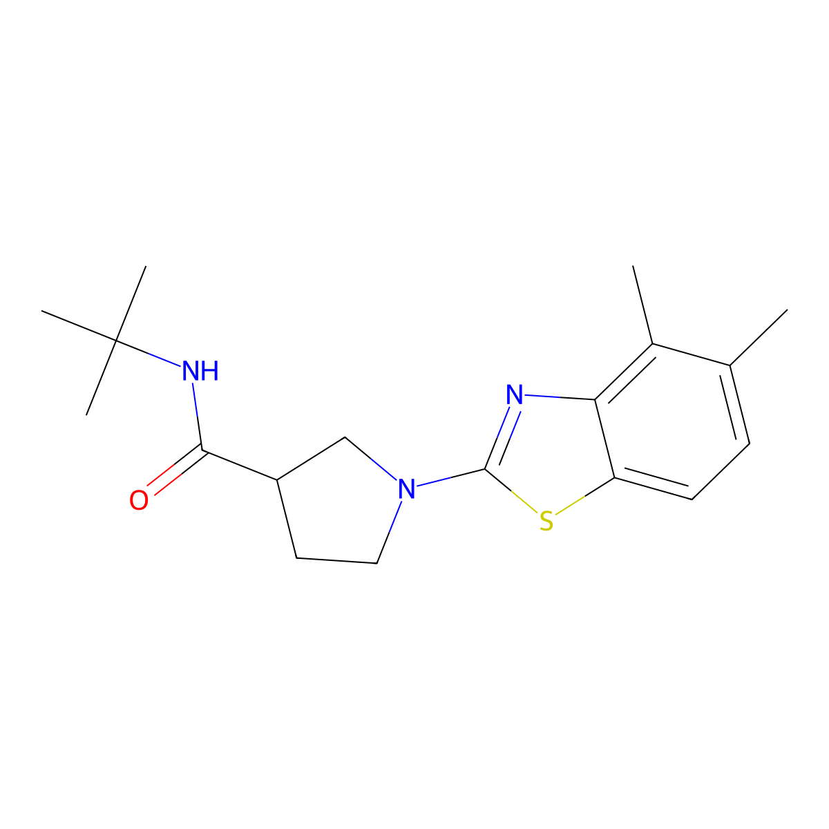 N-tert-butyl-1-(4,5-dimethyl-1,3-benzothiazol-2-yl)pyrrolidine-3-carboxamide molecular structure, CAS 2640968-16-5