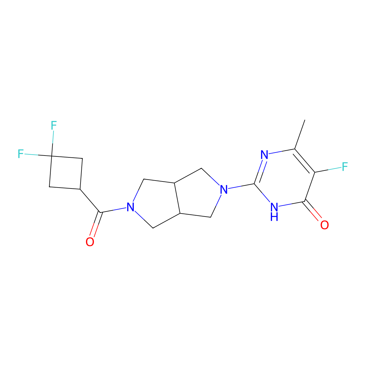 2-[5-(3,3-Difluorocyclobutanecarbonyl)-octahydropyrrolo[3,4-c]pyrrol-2-yl]-5-fluoro-6-methyl-3,4-dihydropyrimidin-4-one molecular structure, CAS 2640968-20-1