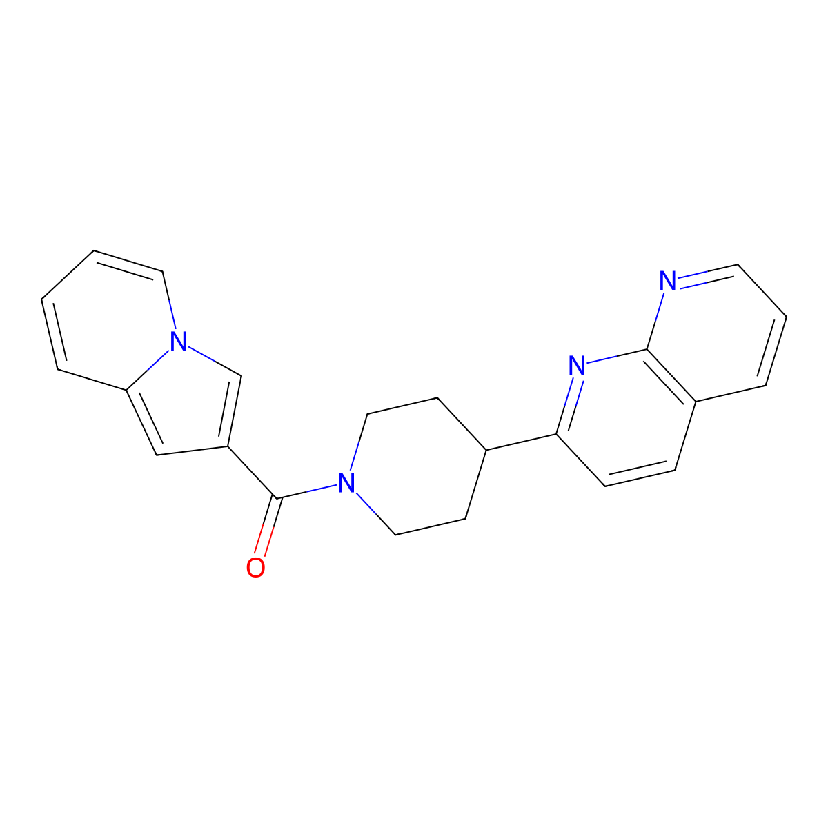 2-[1-(Indolizine-2-carbonyl)piperidin-4-yl]-1,8-naphthyridine molecular structure, CAS 2640968-23-4