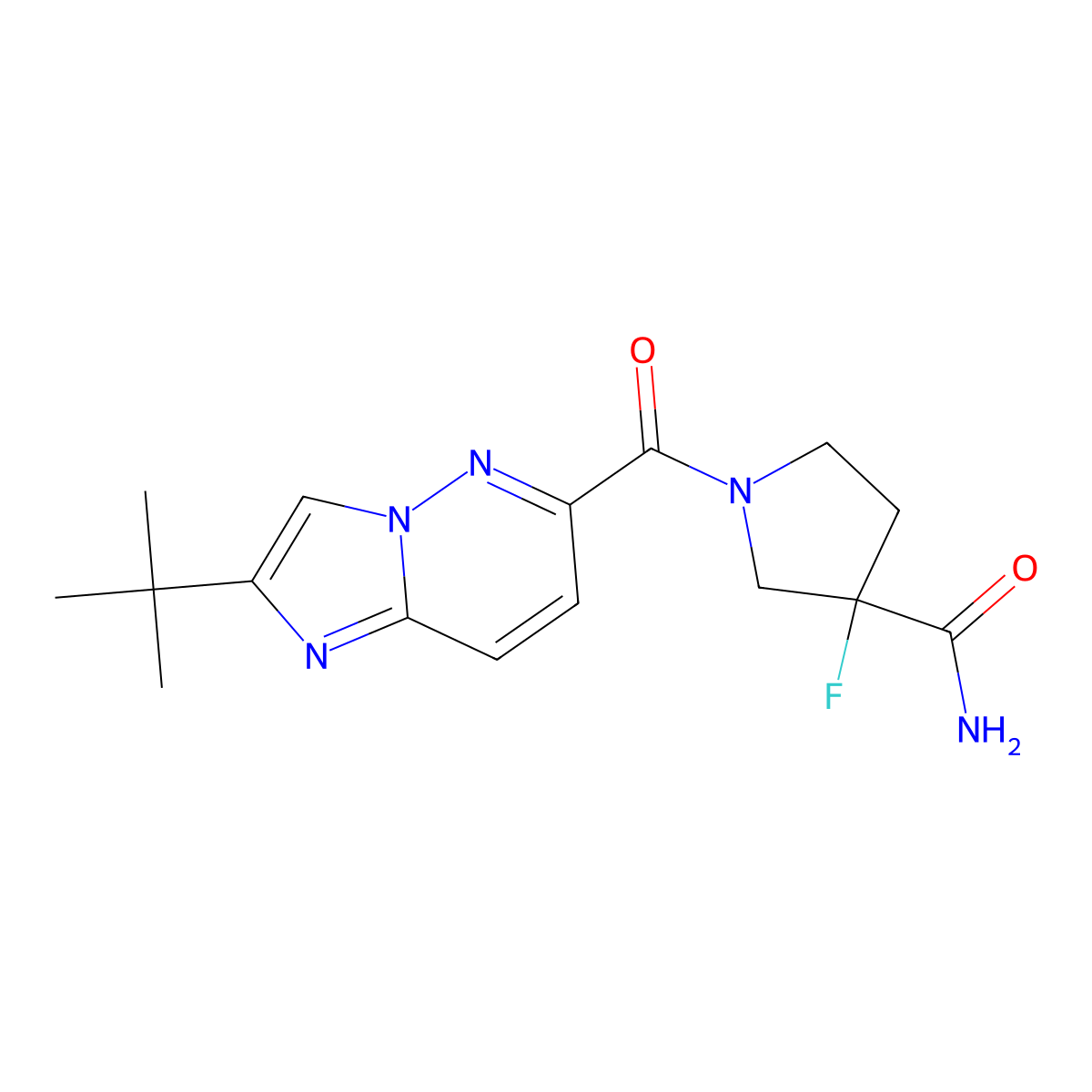 1-{2-Tert-butylimidazo[1,2-b]pyridazine-6-carbonyl}-3-fluoropyrrolidine-3-carboxamide molecular structure, CAS 2640968-25-6
