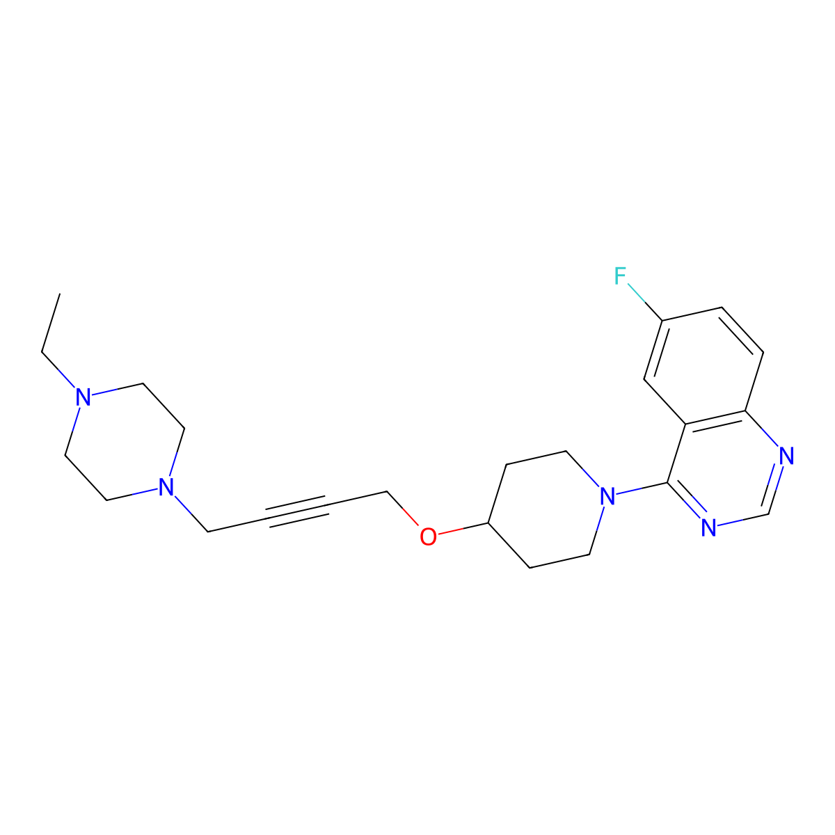 4-(4-{[4-(4-Ethylpiperazin-1-yl)but-2-yn-1-yl]oxy}piperidin-1-yl)-6-fluoroquinazoline molecular structure, CAS 2640968-31-4